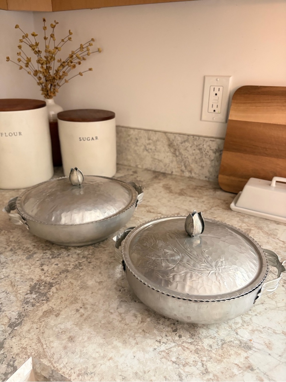Vintage set of Two Hammered Aluminum Covered Casserole Serving Dish with Floral